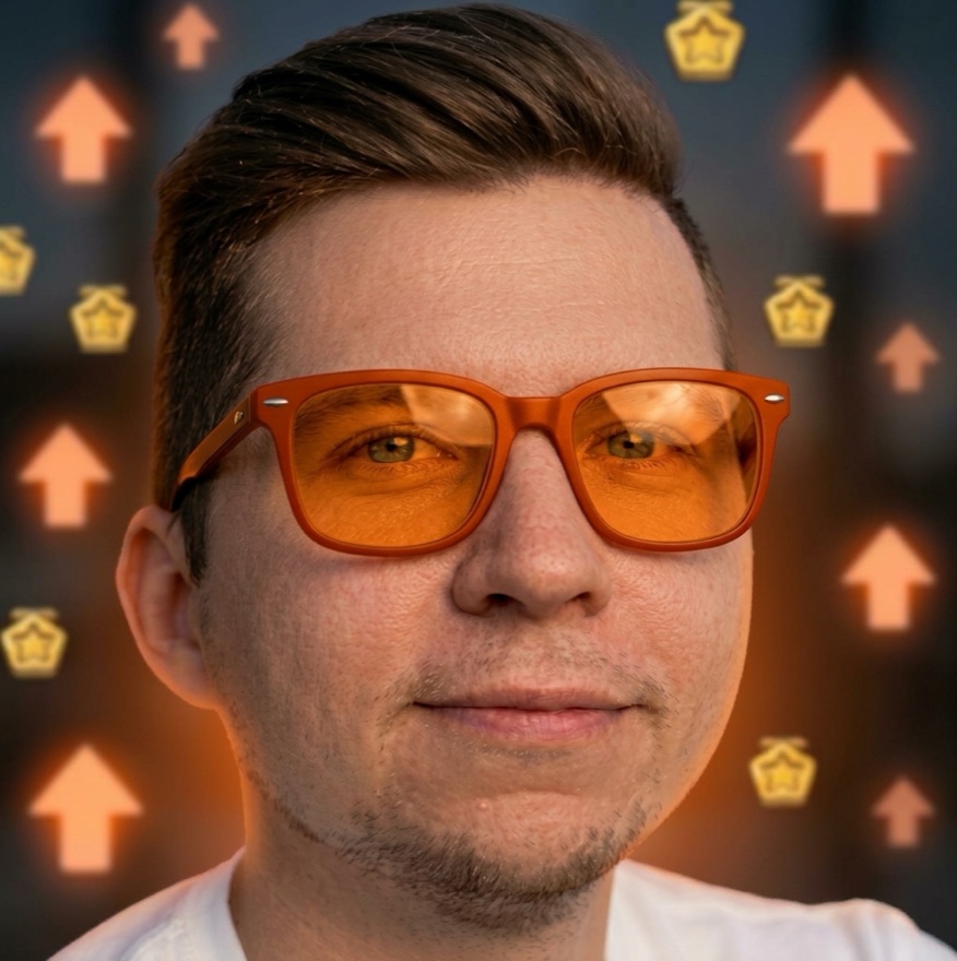 Oleg Galeev in orange glasses, with Reddit upvote arrows and awards glowing behind him