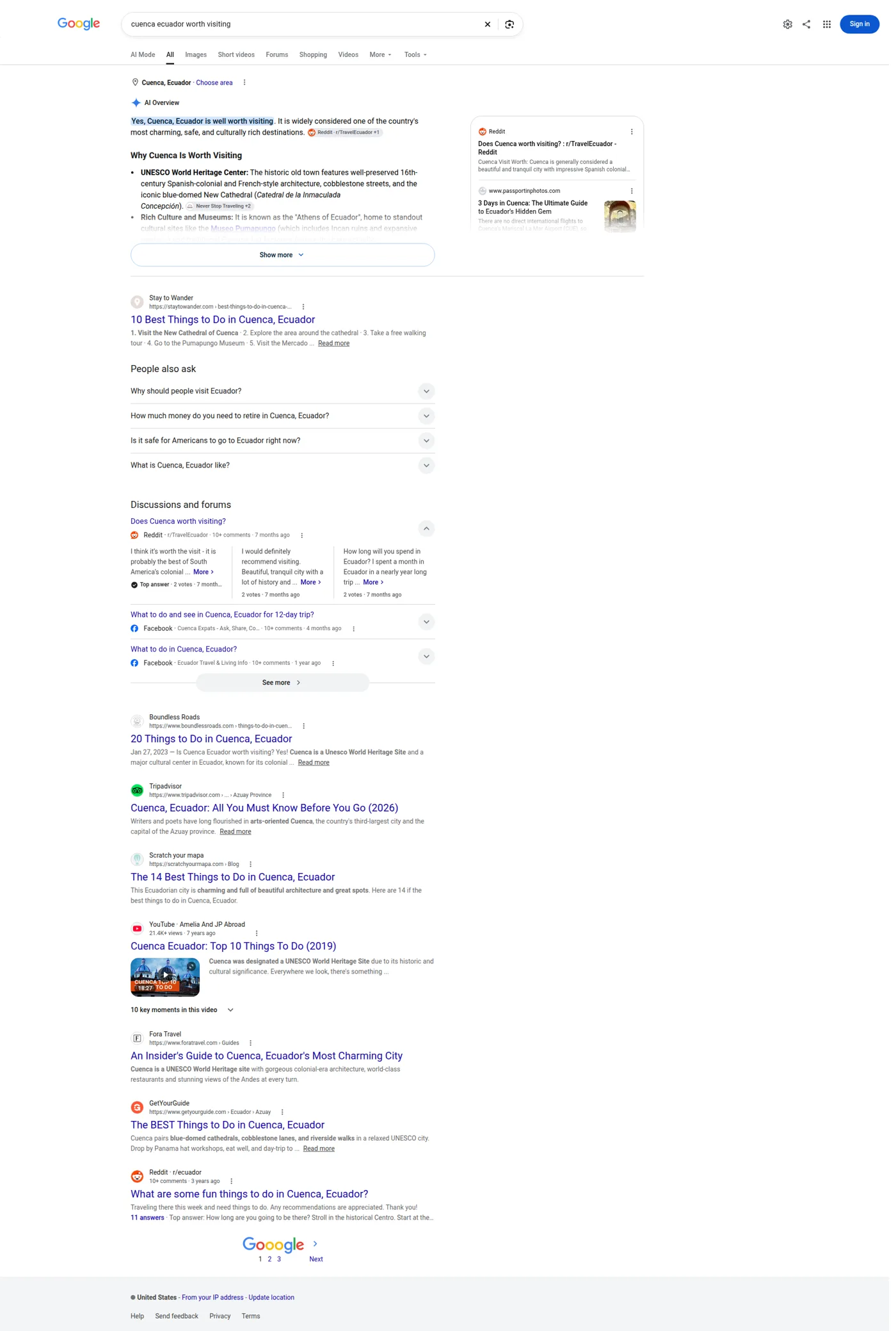 Google AI Overview for cuenca ecuador worth visiting citing a r/TravelEcuador thread