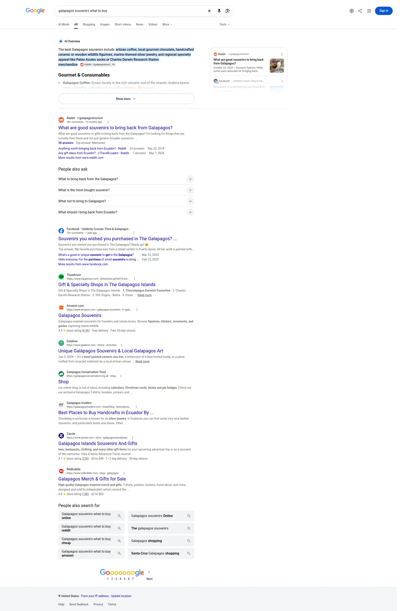 Google AI Overview for galapagos souvenirs what to buy citing a r/galapagostourism thread