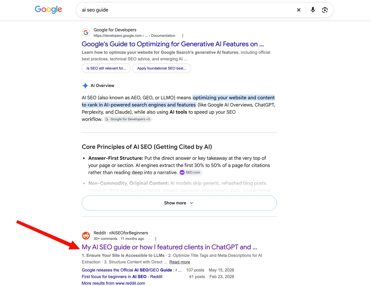 Google results for ai seo guide showing Google's own guide and then a r/AISEOforBeginners thread