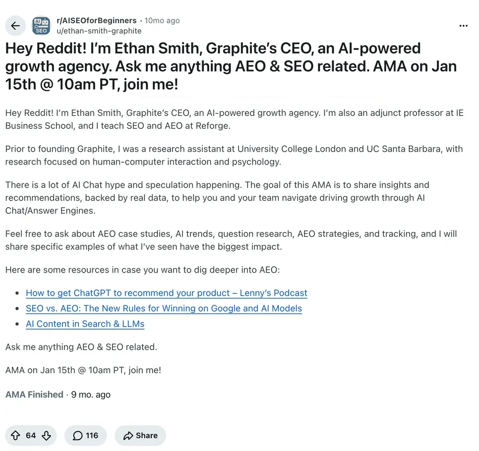 Ethan Smith's AMA post in r/AISEOforBeginners with 64 upvotes and 116 comments