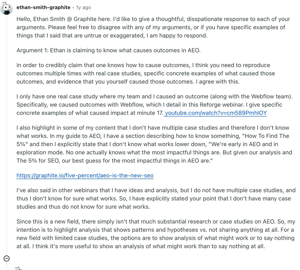 Ethan Smith's reply in the r/AISEOforBeginners thread asking whether he is a hyped AI SEO influencer
