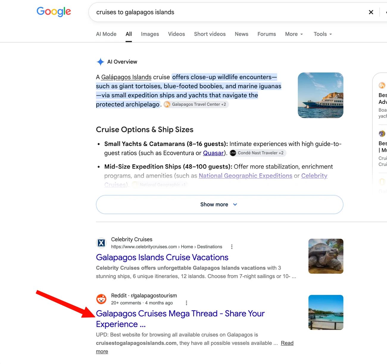 Google results for cruises to galapagos islands showing an AI Overview, then Celebrity Cruises, then a r/galapagostourism mega thread